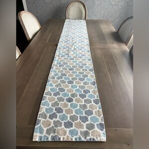 Crate and Barrel Decorative Geometric Table Runner in Blue, Gray, and Cream